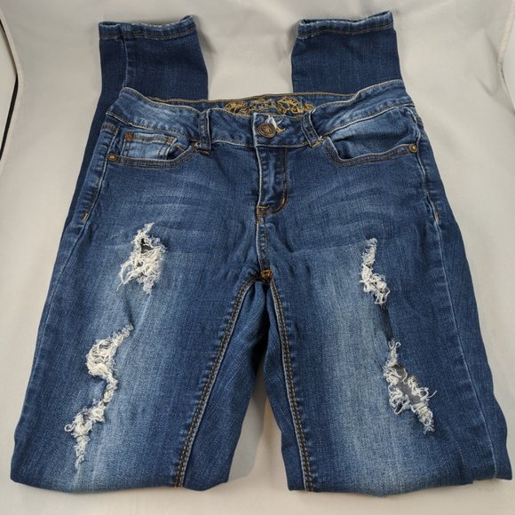 Wax Womens Distressed Stretch Skinny Blue Jeans 5